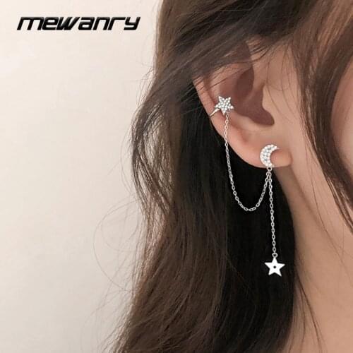 Mewanry 925 Sterling Silver Drop Earrings for Women Trend Creative Asymmetric Zircon Stars and Moon Party Jewelry Birthday Gifts
