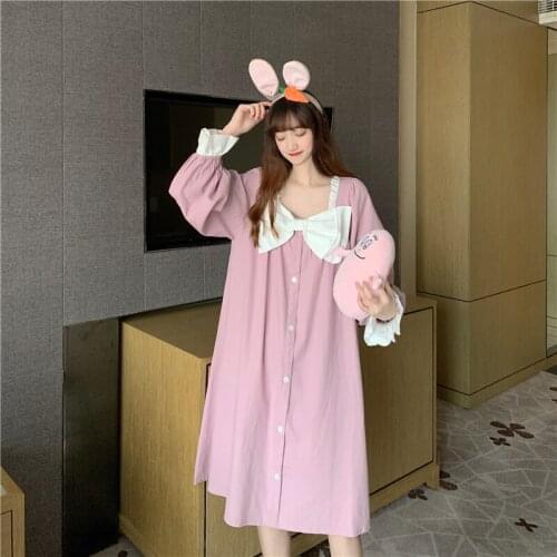 Sweet Pink Spring Nightgown Women Big Bow Single Breasted Nightwear Sleepwear Kawaii Cute Knee-length Korean Homewear