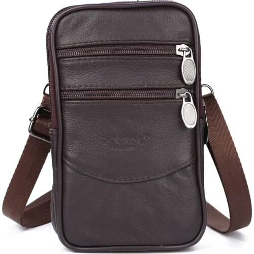 Fashion Men Cow Leather Solid Color Multi Layers Fanny Packs Purse Bag Vintage Zipper Small Waist Bags Wallet