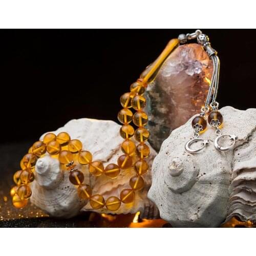 Silver Yellow Amber Gemstone Prayer Rosary Men Starling Cut Rosary With Silver Tassel Turkish Tasbih With Two Moon Star Tassel