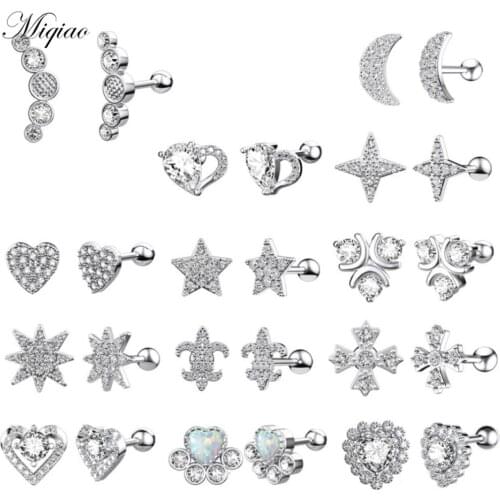 Miqiao 2pcs Explosion Style Stainless Steel Zircon Ear Bone Stud Earrings Body Exquisite Piercing Jewelry