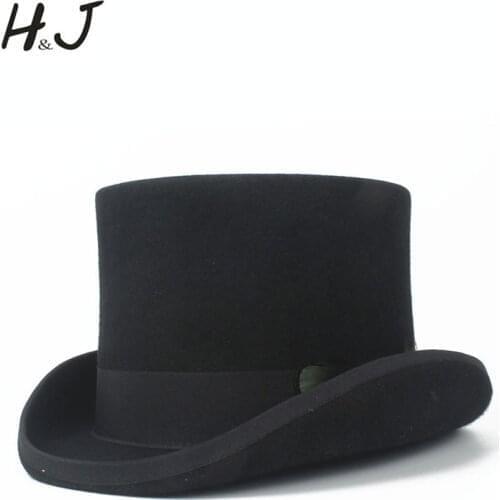 13.5CM Black Feather Top Hat For Women Men Wool Steam Punk Fedora Hat Millinery Goggles Party Cosplay Cap S M L XL
