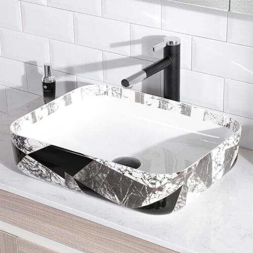 Nordic Art Above Counter Wash Basin Home Bathroom Washstand Square Ceramic Bathroom Sink Carved Vessel Sink Shampoo Sinks