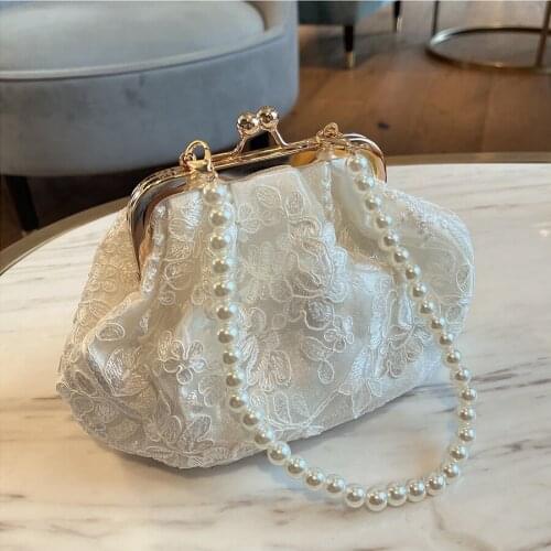 Embroidered Evening Handbags Pearl Chain Shoulder Bag All-Match Clip Dinner Party Clutch Purse Luxury Women Messenger Bags White