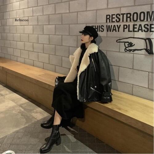 Autumn Winter Temperament Turn Down Collar coats Zipper With Belt Women Loose Lamb Hair PU Fur Jacket