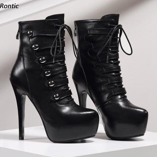 Rontic Women Winter Platform Ankle Boots Cow Leather Back Zipper Stiletto Heels Round Toe Black Night Club Shoes US Size 5-9