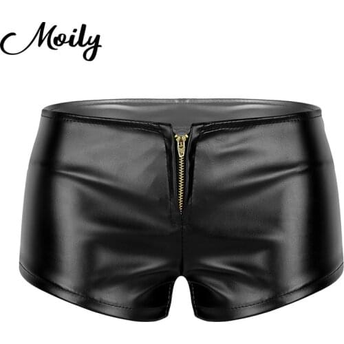 Women Wet Look Faux Leather Front Zipper Low Waist Booty Shorts Slim Cut Mini Hot Shorts for Music Festivals Dancewear Clubwear