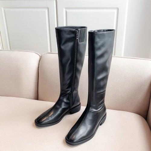 Winter Knee High Boots Women Natural Genuine Leather Zip Thick High Heel Long Boots Buckle Pointed Toe Shoes Lady Autumn