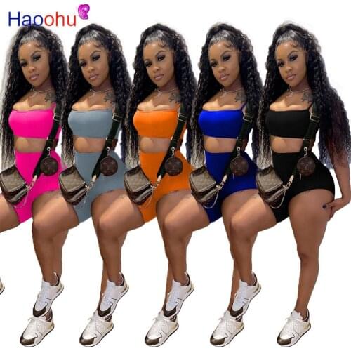 HAOOHU Women Two 2 Piece Outfits Set Spaghetti Strap Crop Tops and High Low Shorts Street Matching Set Active Workout Tracksuit