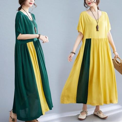 Casual Clothing 2021 Summer New V-Neck Cotton And Linen Color Matching Dress Large Size Loose Oversized Long Female Robe zh816