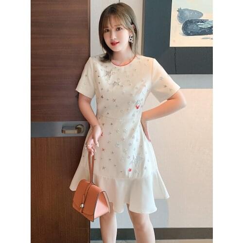 High quality Contrast round neck Beaded Sequin stitching lotus leaf dress for women 2021 summer new pattern