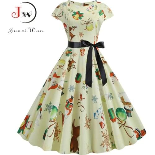 Summer Women Short Sleeve Print Vintage Christmas Dress Robe Femme Ladies Casual Elegant Plus Size pin up Xmas Party Dress Jurk