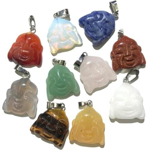 1PC Natural Agates Pendant Buddha Head Shape Rose Quartzs Tiger Eye Stone Pendants for Making DIY Jewelry Necklace Size20x23mm