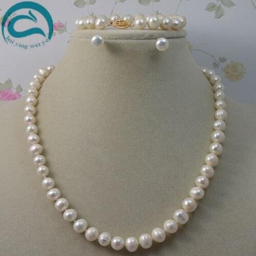 100% Natural Freshwater Pearl Jewelry Set,White Color Real Freshwater Pearl Necklace Bracelet Earrings Handmade Ladys Jewelry