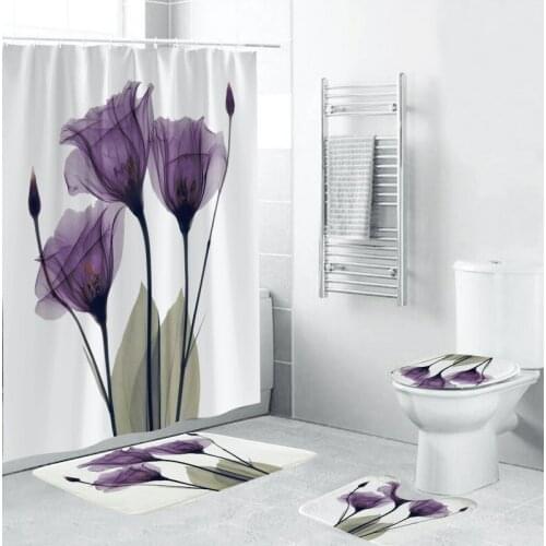 3D 4pcs Bathroom Shower Curtain Flower Print Durable Waterproof Bath Curtain Set Toilet Cover Mat Non-Slip Bathroom Rug Set