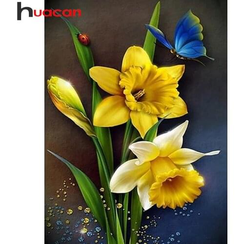 Huacan 5d Diamond Painting Flower Butterfly Wall Stickers Full Square/round Mosaic Embroidery Narcissus Floral Diamond Art