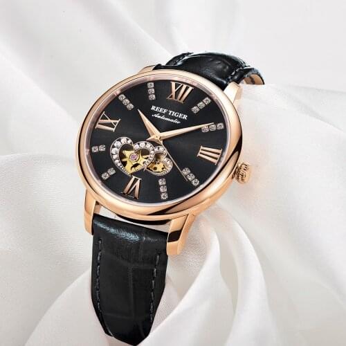New Reef Tiger/RT Luxury Fashion Lady Watches Genuine Leather Strap Black Dial Diamond Watch Montre Femme RGA1580