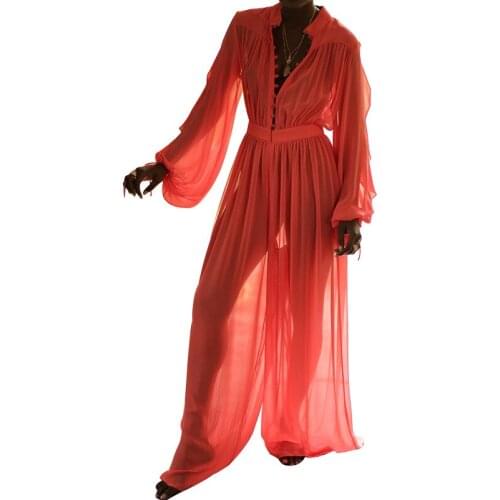 BAMBOOBOY Spring Summer Women Chic Sexy See Through Chiffon Long Sleeve Casual Beach Vacation Holiday Maxi Loose Jumpsuit ZL1622