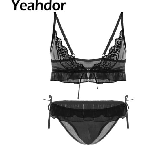 2Pcs Mens Sissy Lingerie Set See Through Sheer Mesh Adjustable Straps V Neck Lace Trim Bra Top with Tie Side Briefs Underwear