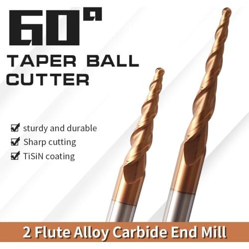 AUGT HEC60 Tapered Ball Nose End Mill Tungste Carbide Wood Engraving CNC Router Bit Milling Cutter R0.25/R0.5/R0.75/R1.0/R2.0