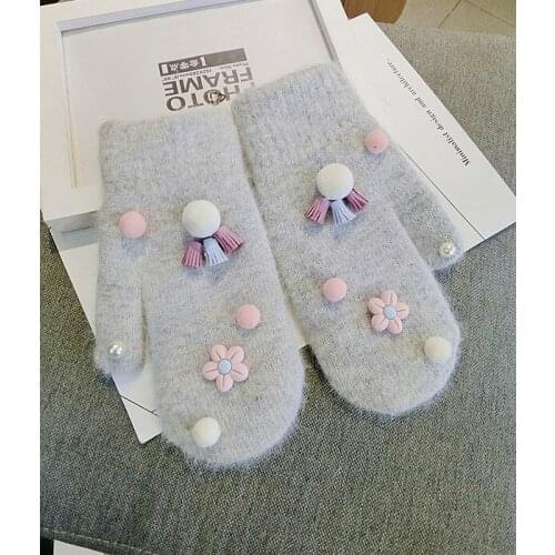 Korean Version Of Young Girls Are Sprouting Green Grass Flower Hair Ball Multi Elements Original Rabbit Hair Warm Gloves Tassels