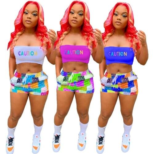 Echoine Summer Letter Print Strapless Crop Top and Print Patchwork Shorts Matching Set Summer Sexy Bodycon Party Outfits Club