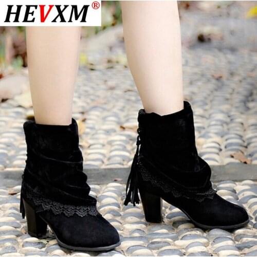 Fashion Women Boots Sued Leather Round Toe Ankle Boots Sexy Lace Ladies 7cm High Heels Tassel Shoes Woman Winter