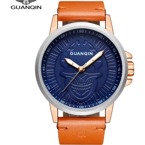 New GUANQIN Watches Men Fashion Wrist Watch Mens Shockproof Waterproof Leather Quartz Wristwatch Clock Male Mens Watches Box