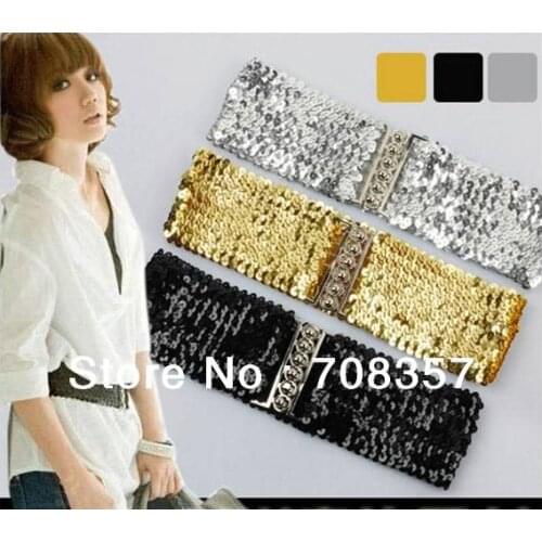New Women Fashion Ladys Slender waist Belt Slender Waist Thin Belts Sequin Metal Elastic waistband Dance Accessories