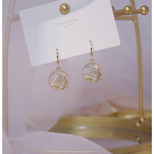 14k Real Gold Luxury AAA Zircon Natural Shell Unicorn Design Round Lady Ear Buckle Travel Essential Photo Accessories Jewelry