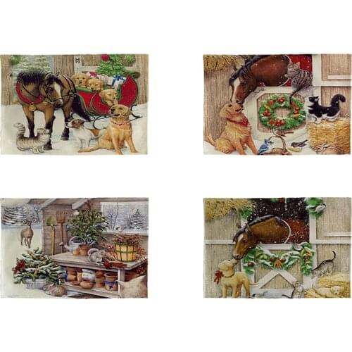 Christmas Cartoon Horse cat Kitchen Placemat Coaster Dining Table Mats Cotton Linen Pad Bowl Cup Mat 42*32cm Home DecorCD482