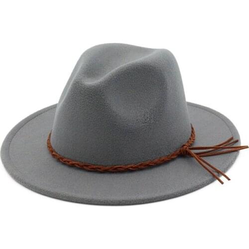 High Quality Women Men Flat Brim Wool Felt Jazz Fedora Hats British Retro Hat Lady Trilby Hat with Rope Autumn Winter 10 Colors