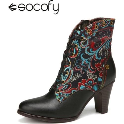 SOCOFY High-heeled Shoes Retro Black Genuine Leather Flower Embroidery Warm Lining Chunky Heel Short Boot Winter Women Shoe 2020
