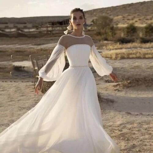 Wedding Dress Beaded Long Sleeve A-Line Boho Crystal Belt Bride Gown 2021 Princess Court Train BECHOYER TK01 Vestido De Noiva