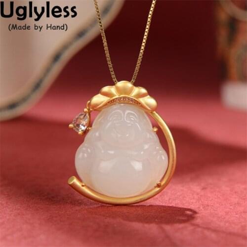 Uglyless 100% Real Nature Nephrite Jade Maitreya Necklaces for Women Meditate Buddha Pendants NO Chain Buddhism Gifts 925 Silver