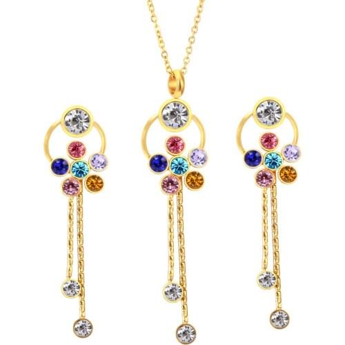 Ethnic style color crystal flower titanium steel retro pendant necklace earrings set gold-plated earrings necklace jewelry