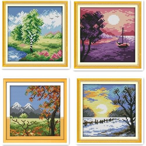 Spring, summer, autumn and winter countryside four seasons beautiful scenery small DIY handmade embroidery cross stitch