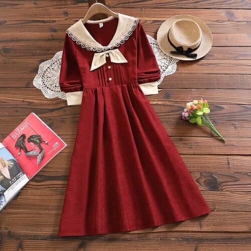 Mori girl long sleeve vintage corduroy vestidos Japan style new arrival spring fashion bow cute sweet dress