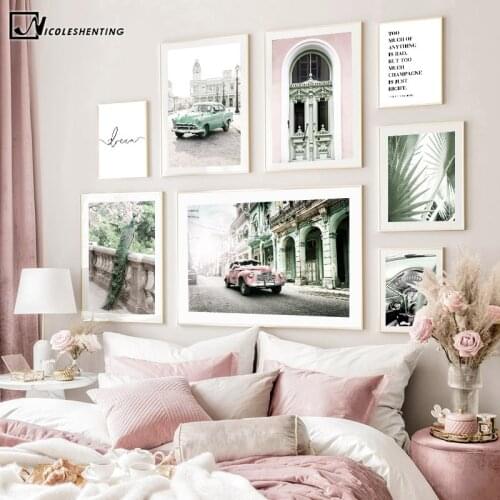 Green Cuba Car Architecture Vintage Poster Peacock Landscape Painting Canvas Print Wall Art Picture Modern Home Room Decoration