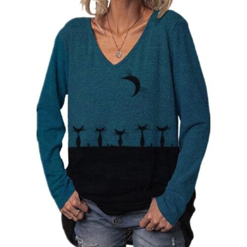 Cats Standing In The Moon Printing T-shirts Women Long Sleeve 3XL 4XL Plus Size Casual Tshirt V-Neck 3D Printing Tops Womens