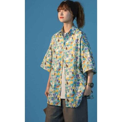 Retro Shirt Women 2021 Summer New Fashion Trend Short-Sleeved Shirt Loose Cartoon Print College Style Short-Sleeved Plaid Shirt