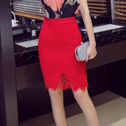 Women Pencil Skirt Fashion OL Slim Business Formal Lace Patchwork Black Skirt Plus Size High Waist Office Lady Vestidoes S-5xl