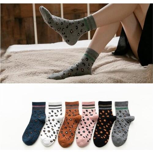 Women Solid Leopard Cotton Socks Lurex Striped Cuff Socks Stripes Warm Thick Winter Socks Girls Pink Grey Ankle Socks 6pairs/lot