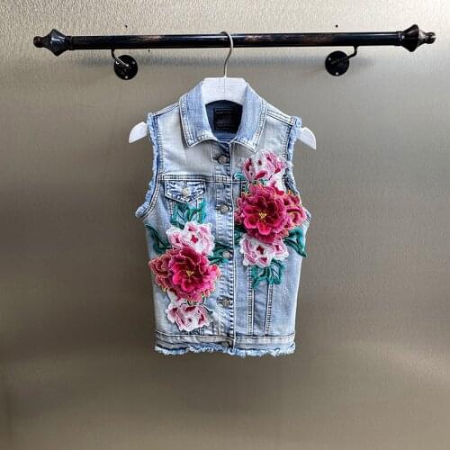 2021 Girls Denim Vest Three-dimensional Embroidery Flower Waistcoat Korean Slim Student Vest Top Jeans Jackets Short Lady Coat