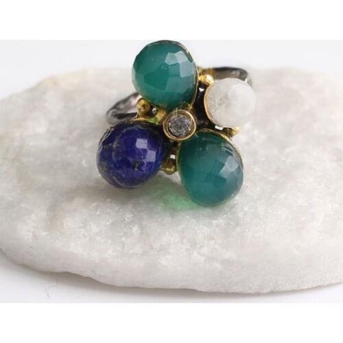 Blue Lapis Lazuli and White Green Zircon Gold Plated Womens Silver Ring,Woman 925Silver Zircon Handmade Ring, MultiColor