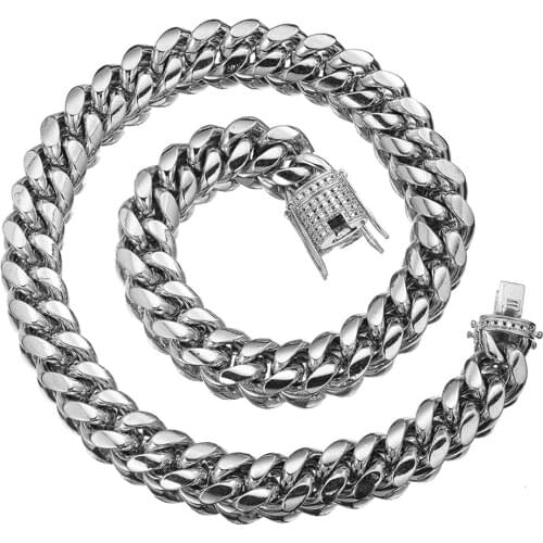 16mm Wide 7-40inch Length Mens Biker Silver Color Stainless Steel Miami Curb Cuban Crystal Chain Necklace Or Bracelet Jewelry