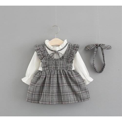 2020 Fashion Elegant Kid Baby Girls Dress 0-2Y Spring New Plaid Long Sleeve False 2Pcs Ruffle Bow Dress Headband Outfit