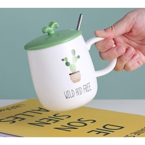 420ml Ceramic Mugs with Spoon Lid Milk Coffee Cup Cartoon Cactus Shark Cat Dog Fruits Mugs Mark Drinkware Novelty Gifts Milk Cup