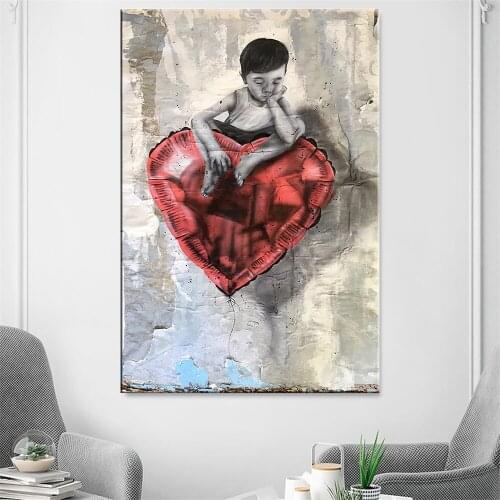 Abstract Boy Sitting on Love Balloon Thinking Picture Canvas Printed Painting Modern Funny Thinking Wall Art Poster Living Room