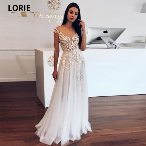 Booma Elegant Lace Appliques Wedding Dresses Beach A-line Boho Tulle Bridal Gown Plus Size illusion Formal Prom Party Dress Long
